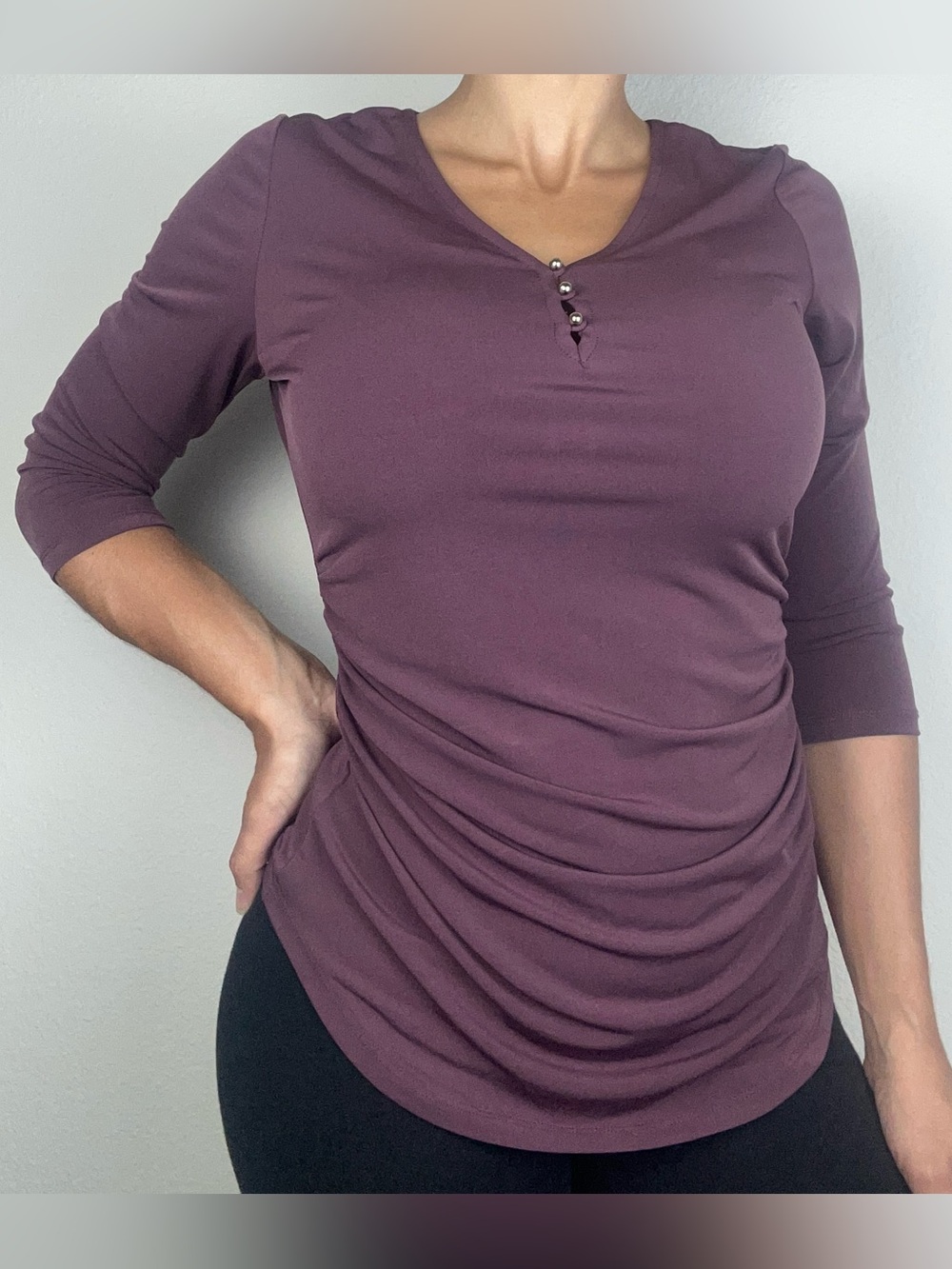 Ivanka Trump Purple Ruched V-Neck Blouse 3/4 Sleeve Sculpted Fit Size S